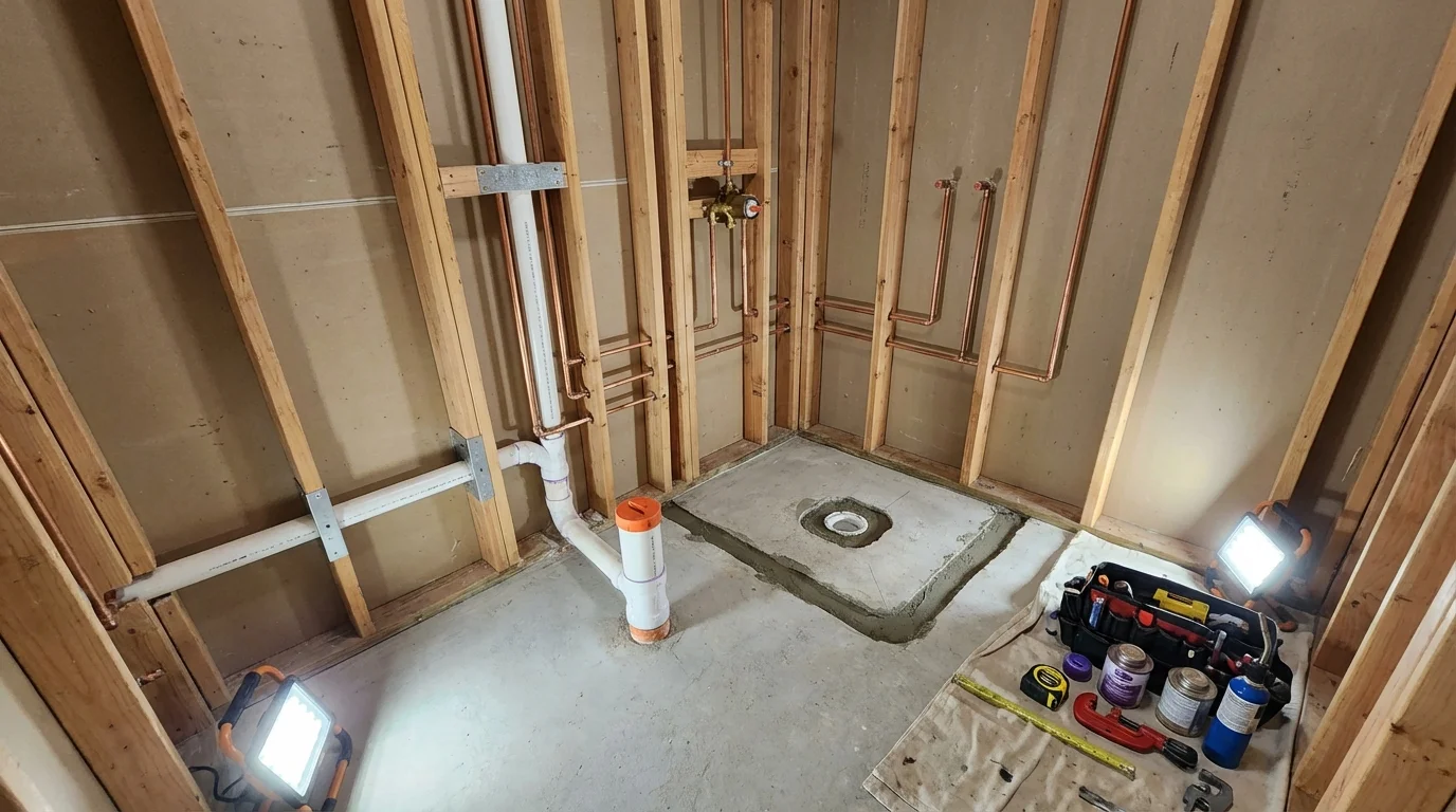 Bathroom rough-in plumbing during remodel by Johns Plumbing LLC in Mount Shasta