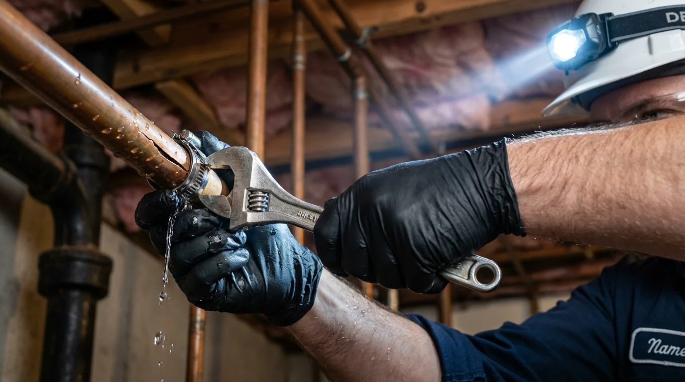Emergency pipe clamp repair being performed by a Johns Plumbing LLC plumber in Mount Shasta
