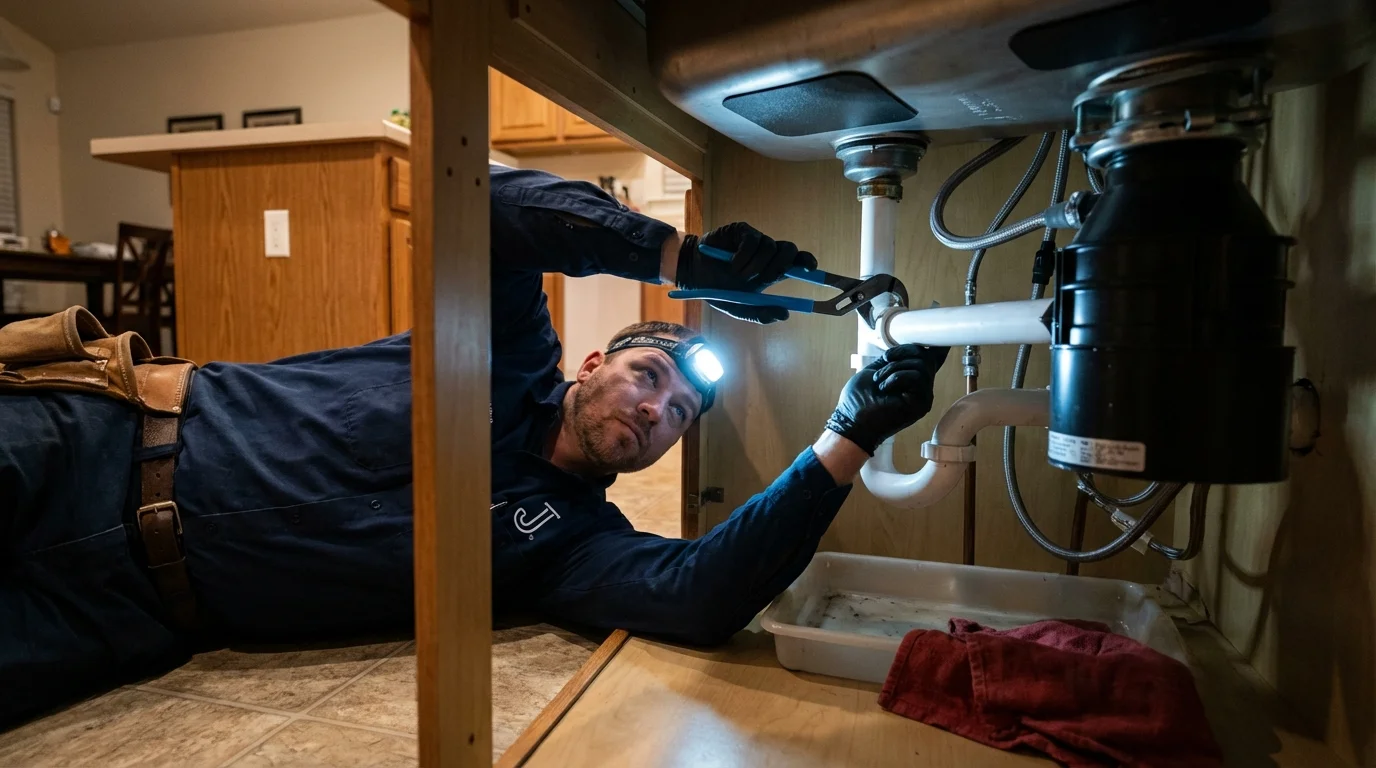 P-trap and supply line connections under a kitchen sink showing a common leak point in Mount Shasta, CA